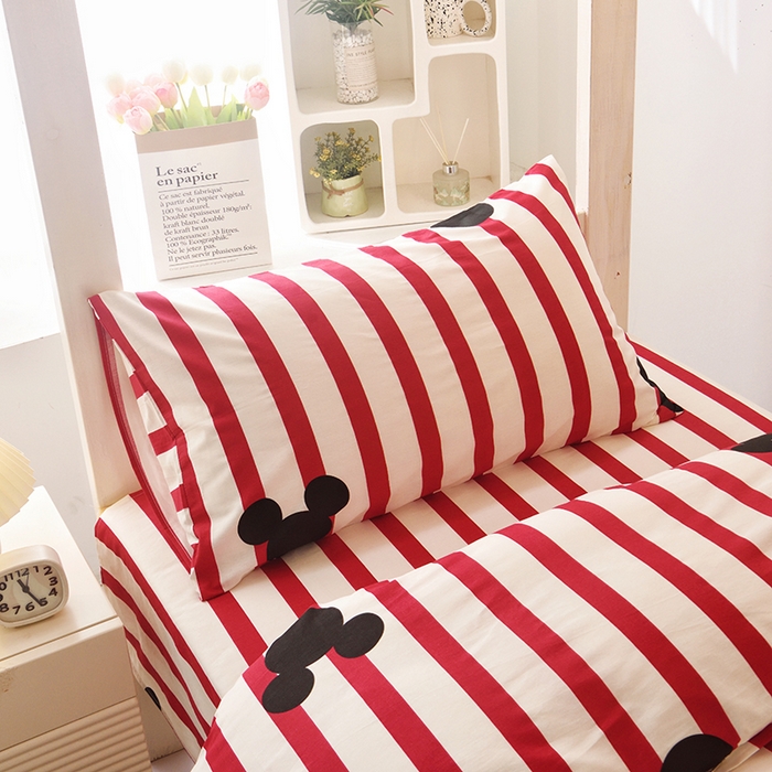 91家纺网 家纺一手货源 找家纺 启优家纺 2025新款13372全棉纯棉学生宿舍上下铺三件套 条纹米奇-红