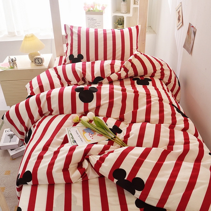 91家纺网 家纺一手货源 找家纺 启优家纺 2025新款13372全棉纯棉学生宿舍上下铺三件套 条纹米奇-红