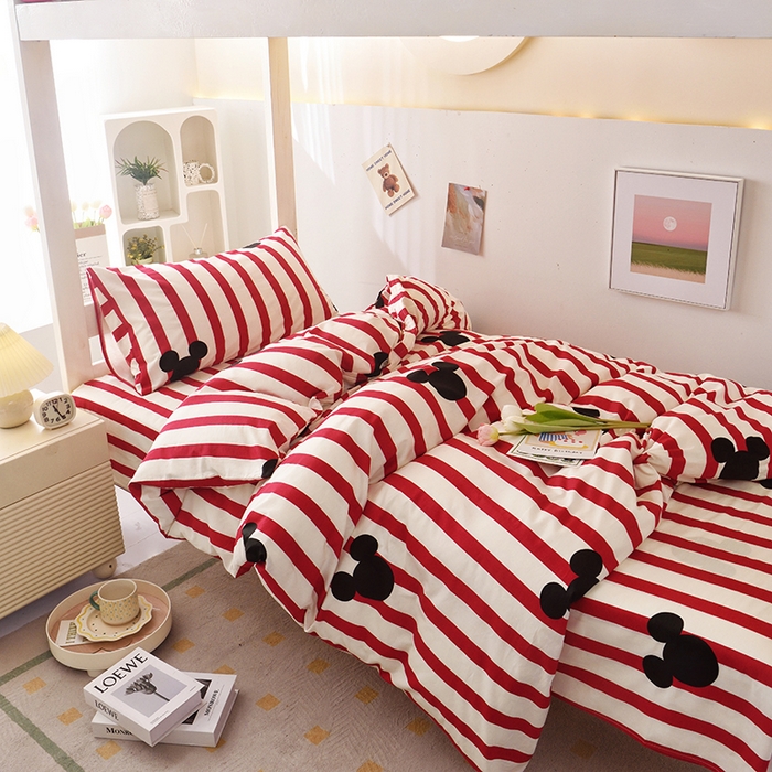 91家纺网 家纺一手货源 找家纺 启优家纺 2025新款13372全棉纯棉学生宿舍上下铺三件套 条纹米奇-红