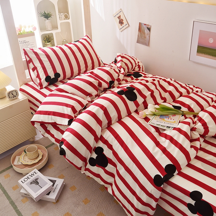 91家纺网 家纺一手货源 找家纺 启优家纺 2025新款13372全棉纯棉学生宿舍上下铺三件套 条纹米奇-红