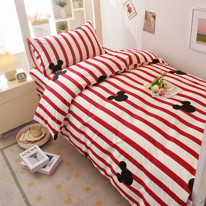 91家纺网 家纺一手货源 找家纺 启优家纺 2025新款13372全棉纯棉学生宿舍上下铺三件套 条纹米奇-红