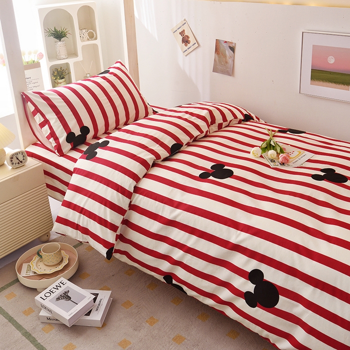 91家纺网 家纺一手货源 找家纺 启优家纺 2025新款13372全棉纯棉学生宿舍上下铺三件套 条纹米奇-红