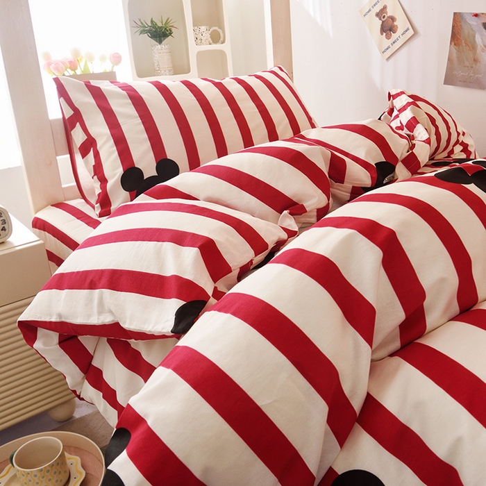 91家纺网 家纺一手货源 找家纺 启优家纺 2025新款13372全棉纯棉学生宿舍上下铺三件套 条纹米奇-红
