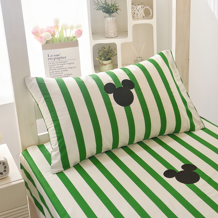 91家纺网 家纺一手货源 找家纺 启优家纺 2025新款13372全棉纯棉学生宿舍上下铺三件套 条纹米奇-绿