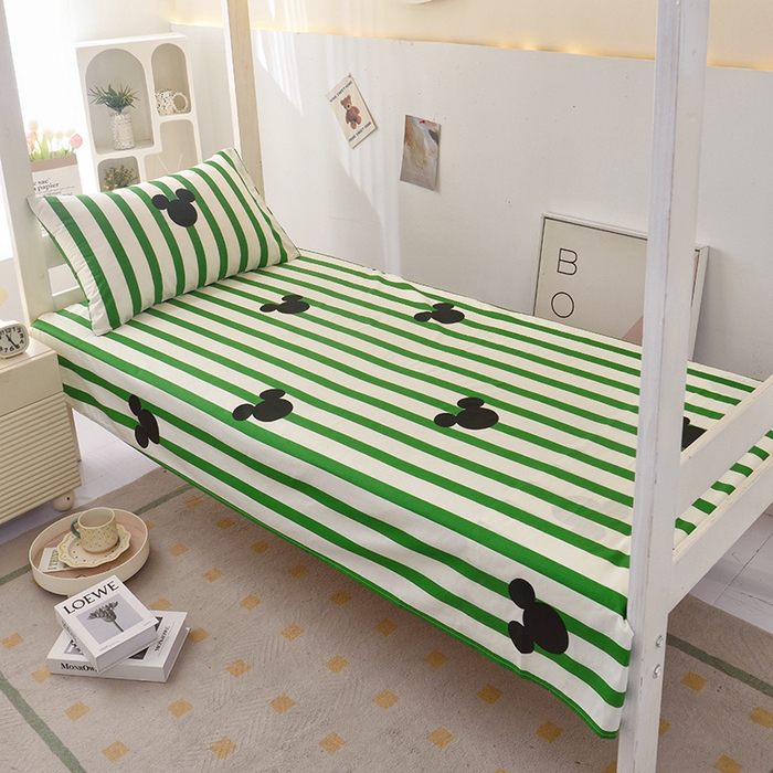 91家纺网 家纺一手货源 找家纺 启优家纺 2025新款13372全棉纯棉学生宿舍上下铺三件套 条纹米奇-绿