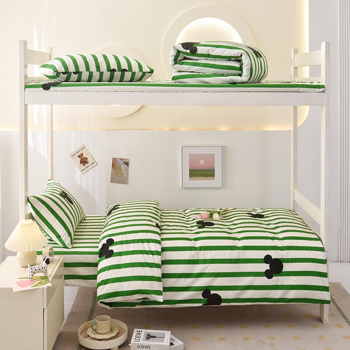 91家纺网 家纺一手货源 找家纺 启优家纺 2025新款13372全棉纯棉学生宿舍上下铺三件套 条纹米奇-绿