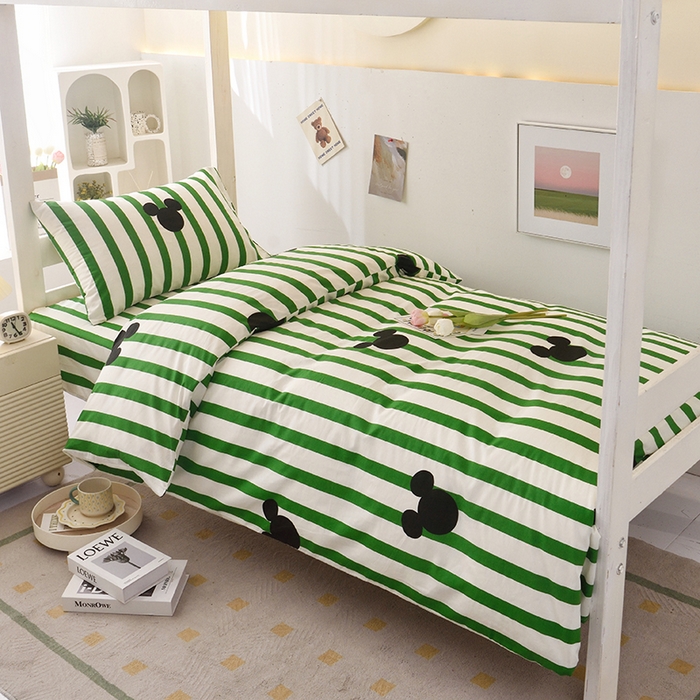 91家纺网 家纺一手货源 找家纺 启优家纺 2025新款13372全棉纯棉学生宿舍上下铺三件套 条纹米奇-绿