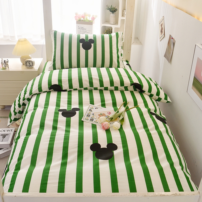 91家纺网 家纺一手货源 找家纺 启优家纺 2025新款13372全棉纯棉学生宿舍上下铺三件套 条纹米奇-绿