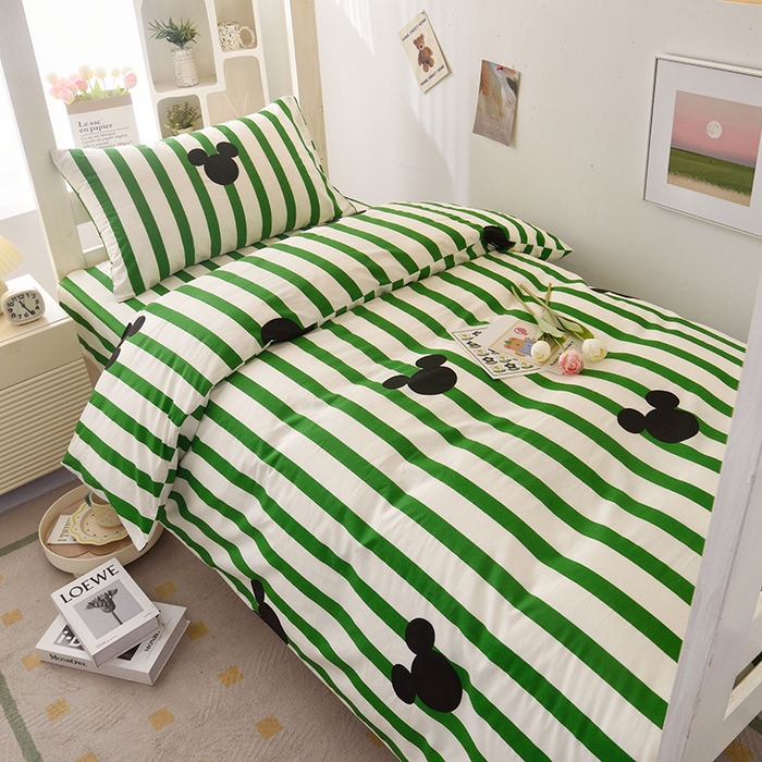 91家纺网 家纺一手货源 找家纺 启优家纺 2025新款13372全棉纯棉学生宿舍上下铺三件套 条纹米奇-绿