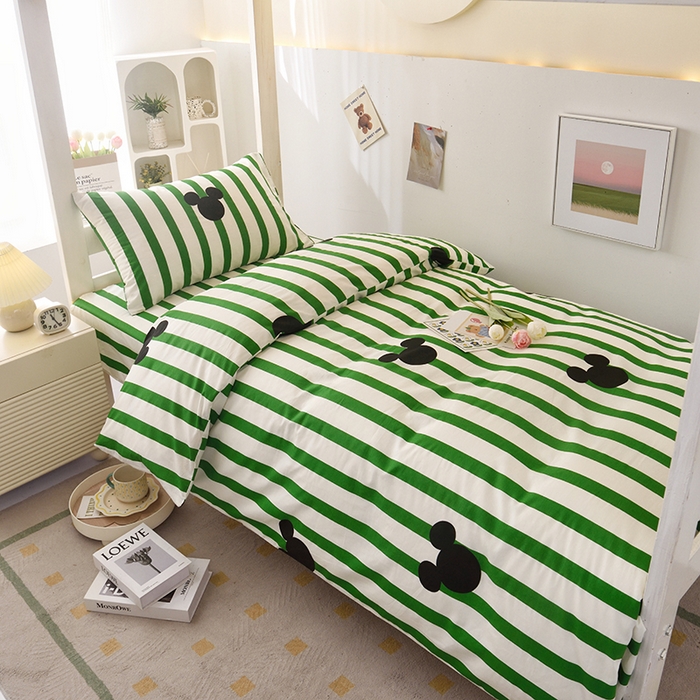 91家纺网 家纺一手货源 找家纺 启优家纺 2025新款13372全棉纯棉学生宿舍上下铺三件套 条纹米奇-绿