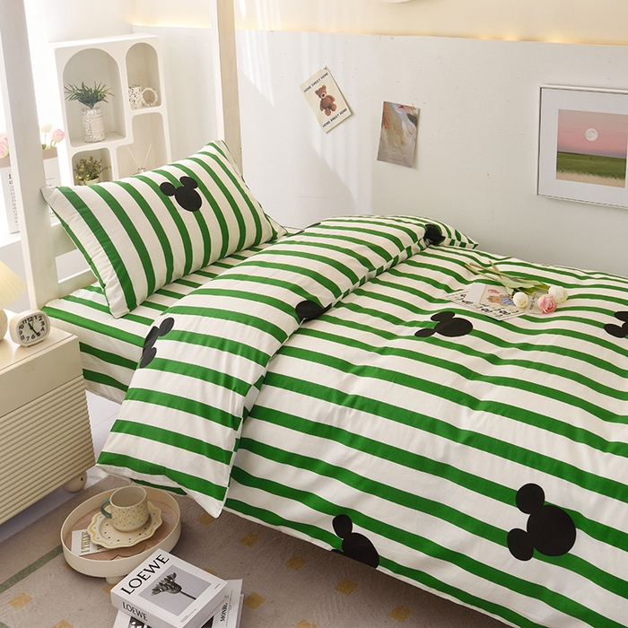 91家纺网 家纺一手货源 找家纺 启优家纺 2025新款13372全棉纯棉学生宿舍上下铺三件套 条纹米奇-绿