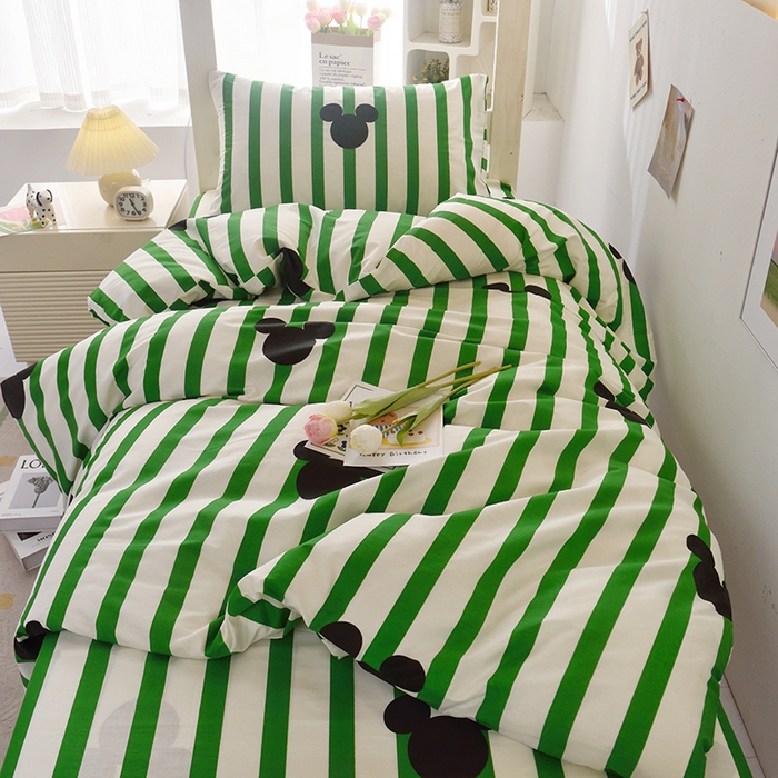 91家纺网 家纺一手货源 找家纺 启优家纺 2025新款13372全棉纯棉学生宿舍上下铺三件套 条纹米奇-绿