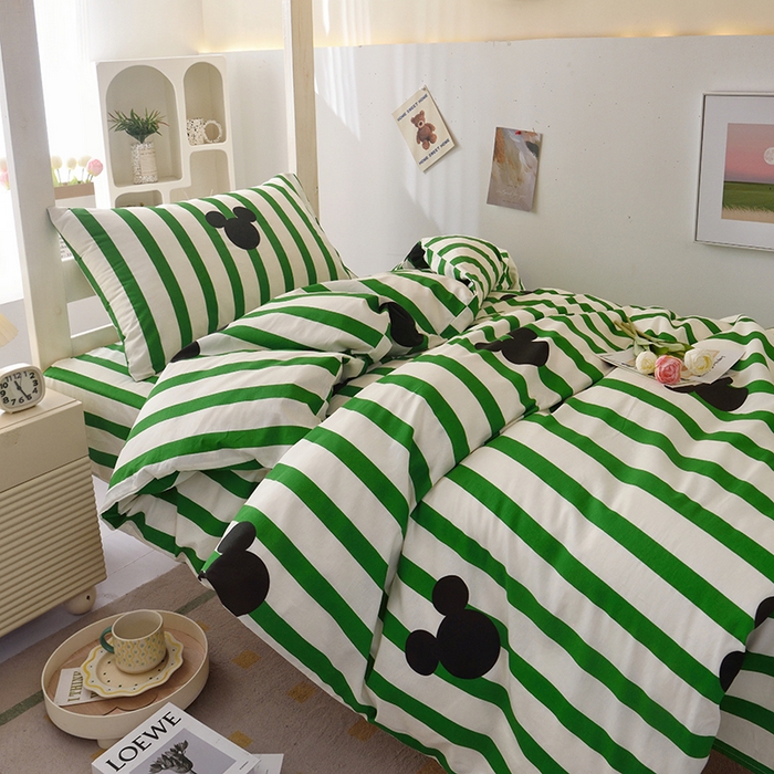 91家纺网 家纺一手货源 找家纺 启优家纺 2025新款13372全棉纯棉学生宿舍上下铺三件套 条纹米奇-绿