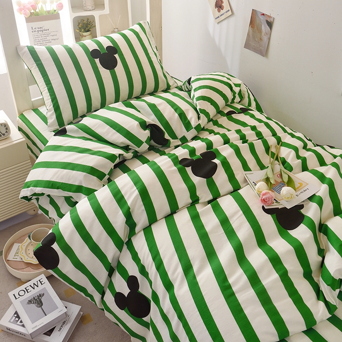 91家纺网 家纺一手货源 找家纺 启优家纺 2025新款13372全棉纯棉学生宿舍上下铺三件套 条纹米奇-绿