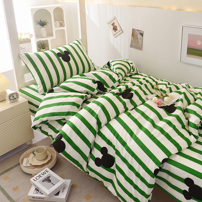 91家纺网 家纺一手货源 找家纺 启优家纺 2025新款13372全棉纯棉学生宿舍上下铺三件套 条纹米奇-绿