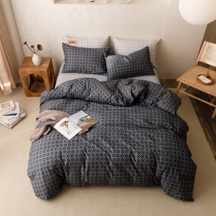 91家纺网 家纺一手货源 找家纺 棉生活家纺 2025新款北欧简约全棉磨毛四件套 静享-黑