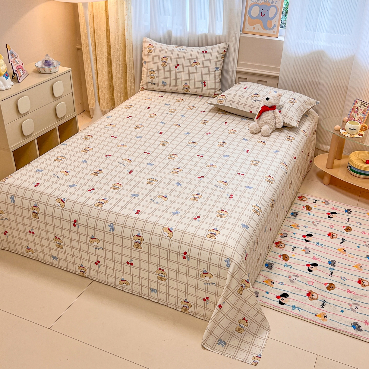 91家纺网 家纺一手货源 找家纺 呗旺鹿 2025新款40s全棉纯棉卡通印花学生系列单品床单 床单单件 班尼小狗