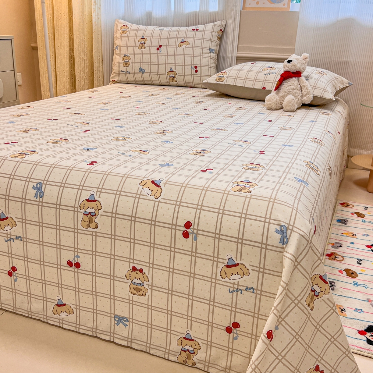 91家纺网 家纺一手货源 找家纺 呗旺鹿 2025新款40s全棉纯棉卡通印花学生系列单品床单 床单单件 班尼小狗