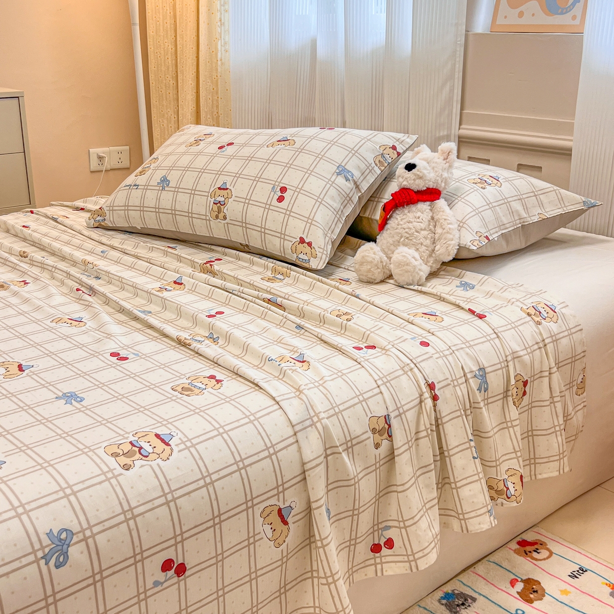 91家纺网 家纺一手货源 找家纺 呗旺鹿 2025新款40s全棉纯棉卡通印花学生系列单品床单 床单单件 班尼小狗