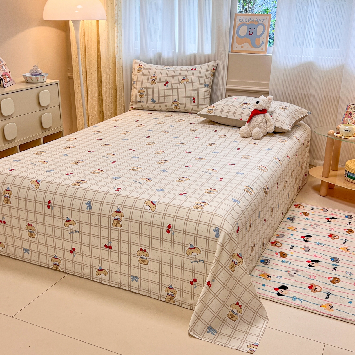 91家纺网 家纺一手货源 找家纺 呗旺鹿 2025新款40s全棉纯棉卡通印花学生系列单品床单 床单单件 班尼小狗