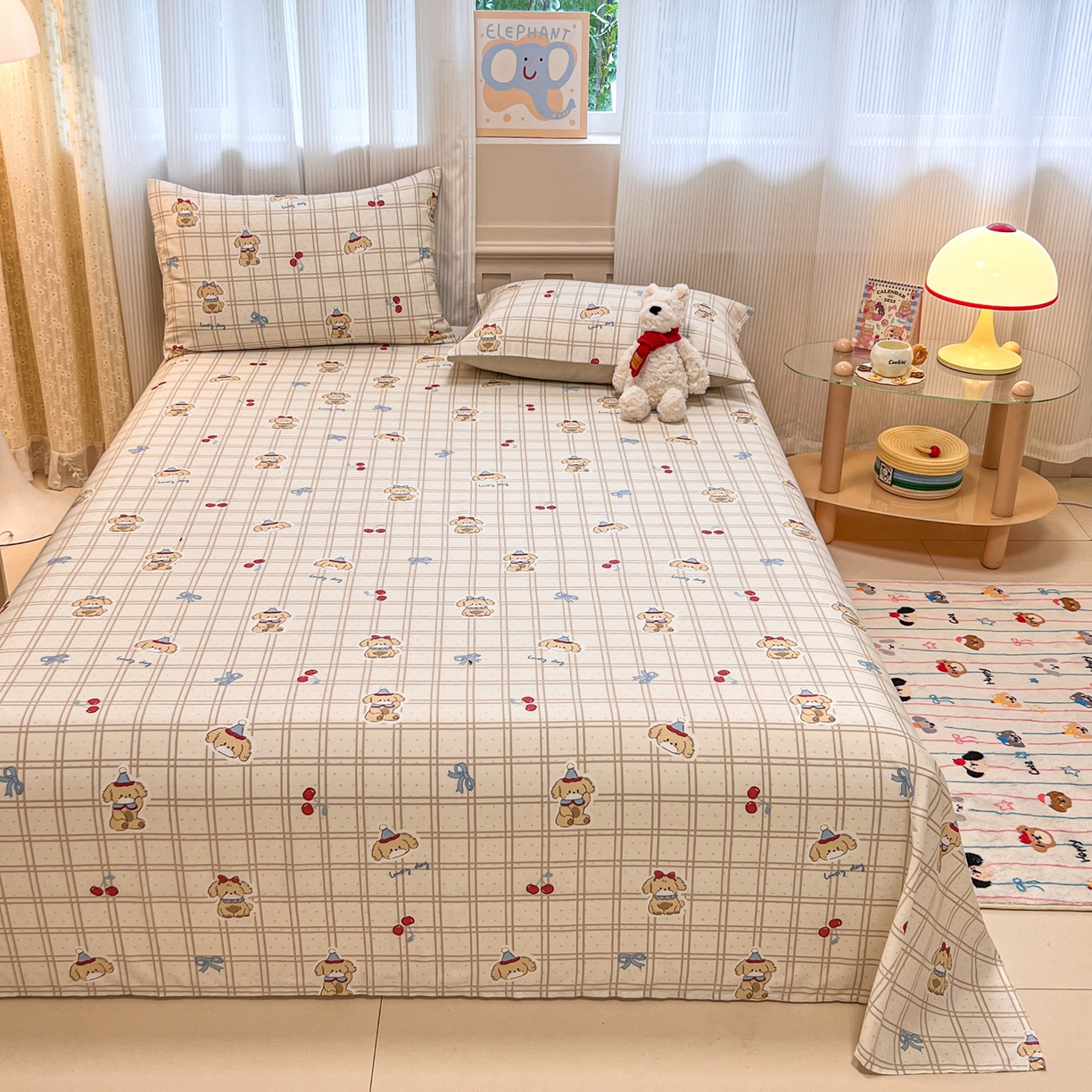 91家纺网 家纺一手货源 找家纺 呗旺鹿 2025新款40s全棉纯棉卡通印花学生系列单品床单 床单单件 班尼小狗