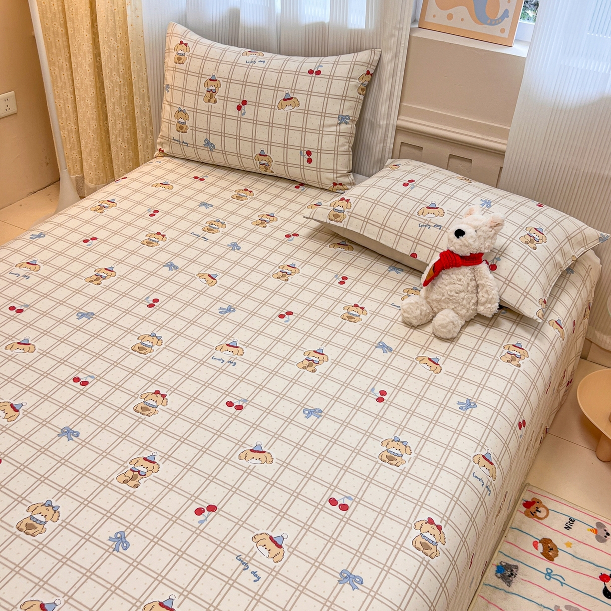 91家纺网 家纺一手货源 找家纺 呗旺鹿 2025新款40s全棉纯棉卡通印花学生系列单品床单 床单单件 班尼小狗