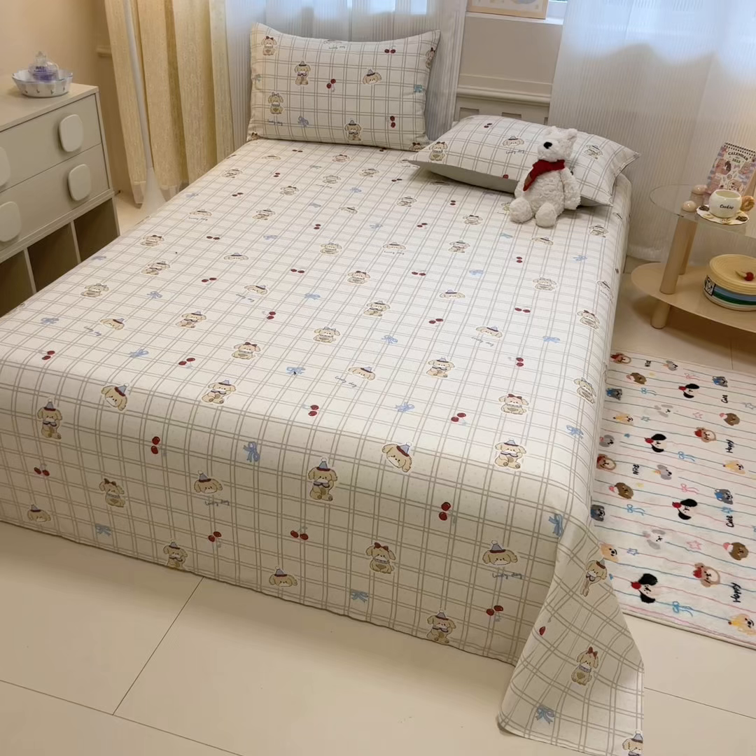 91家纺网 家纺一手货源 找家纺 呗旺鹿 2025新款40s全棉纯棉卡通印花学生系列单品床单 床单单件 班尼小狗