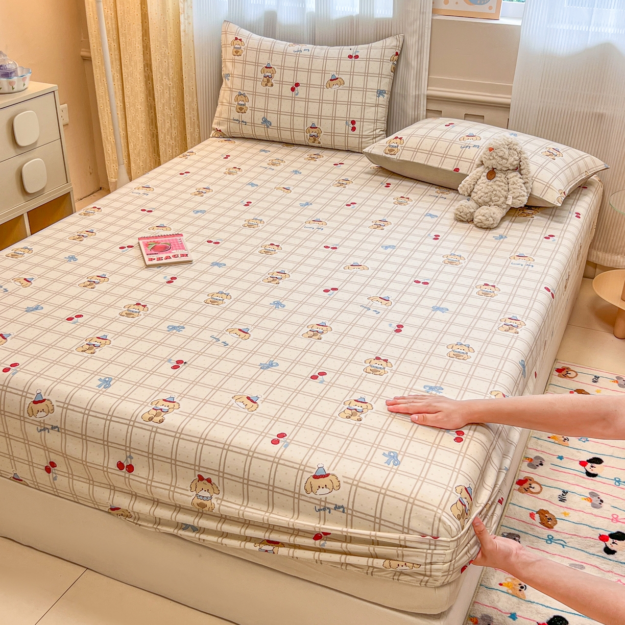 91家纺网 家纺一手货源 找家纺 呗旺鹿 2025新款40s全棉纯棉卡通印花学生系列单品床笠 床笠单件 班尼小狗