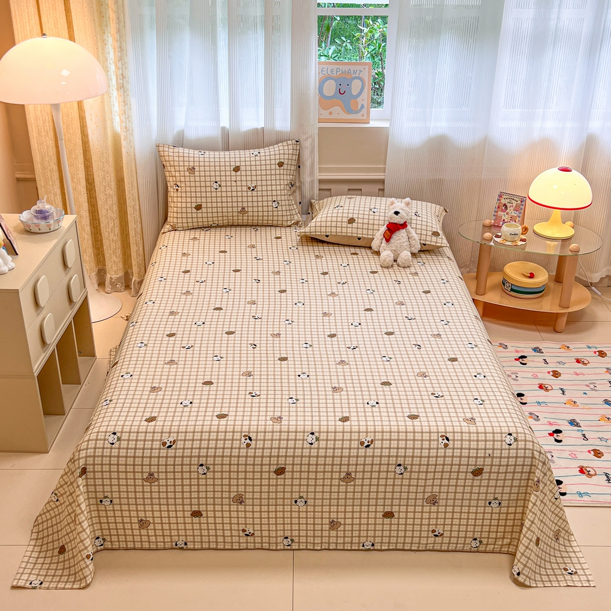 91家纺网 家纺一手货源 找家纺 呗旺鹿 2025新款40s全棉纯棉卡通印花学生系列单品床单 床单单件 焦糖小狗