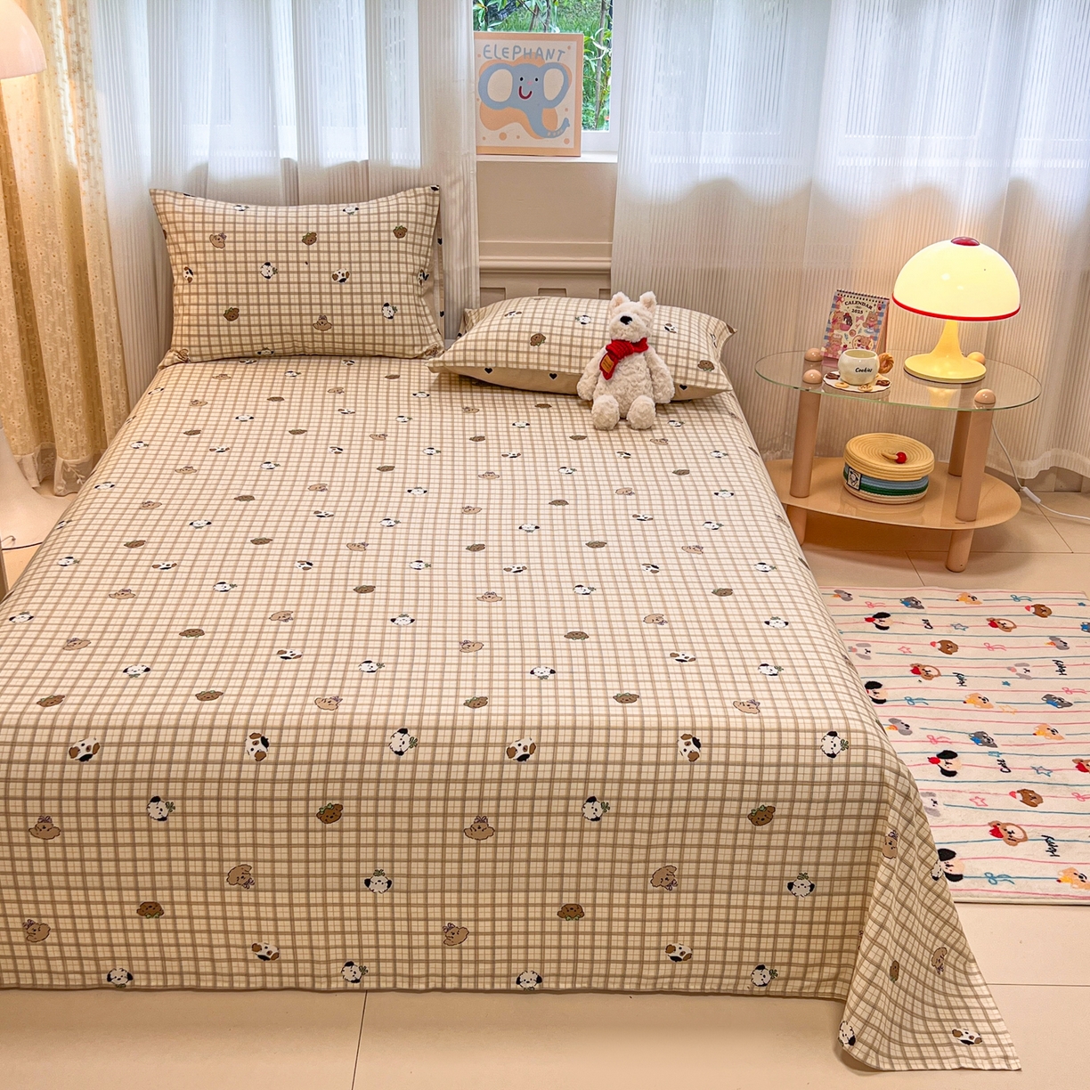 91家纺网 家纺一手货源 找家纺 呗旺鹿 2025新款40s全棉纯棉卡通印花学生系列单品床单 床单单件 焦糖小狗