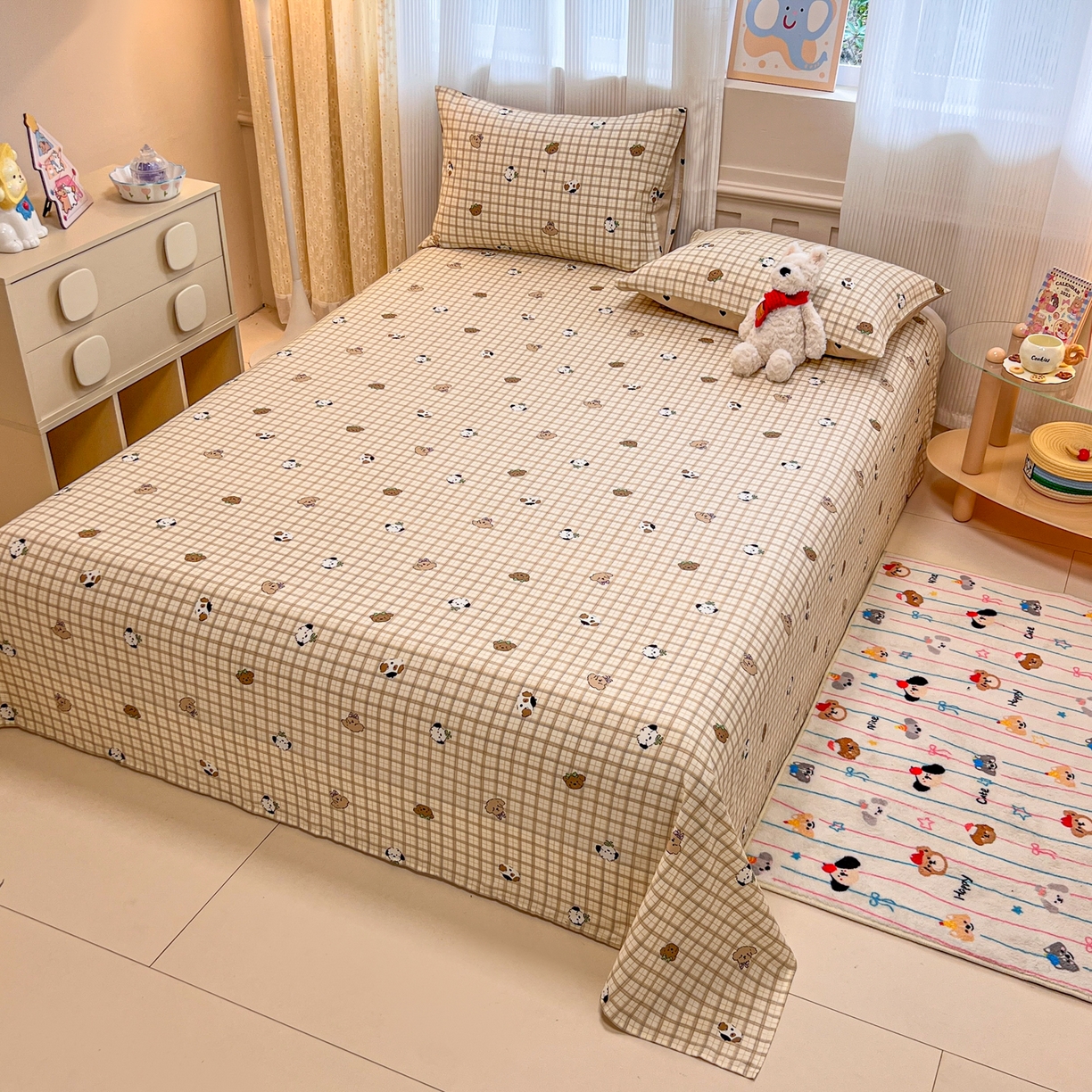 91家纺网 家纺一手货源 找家纺 呗旺鹿 2025新款40s全棉纯棉卡通印花学生系列单品床单 床单单件 焦糖小狗