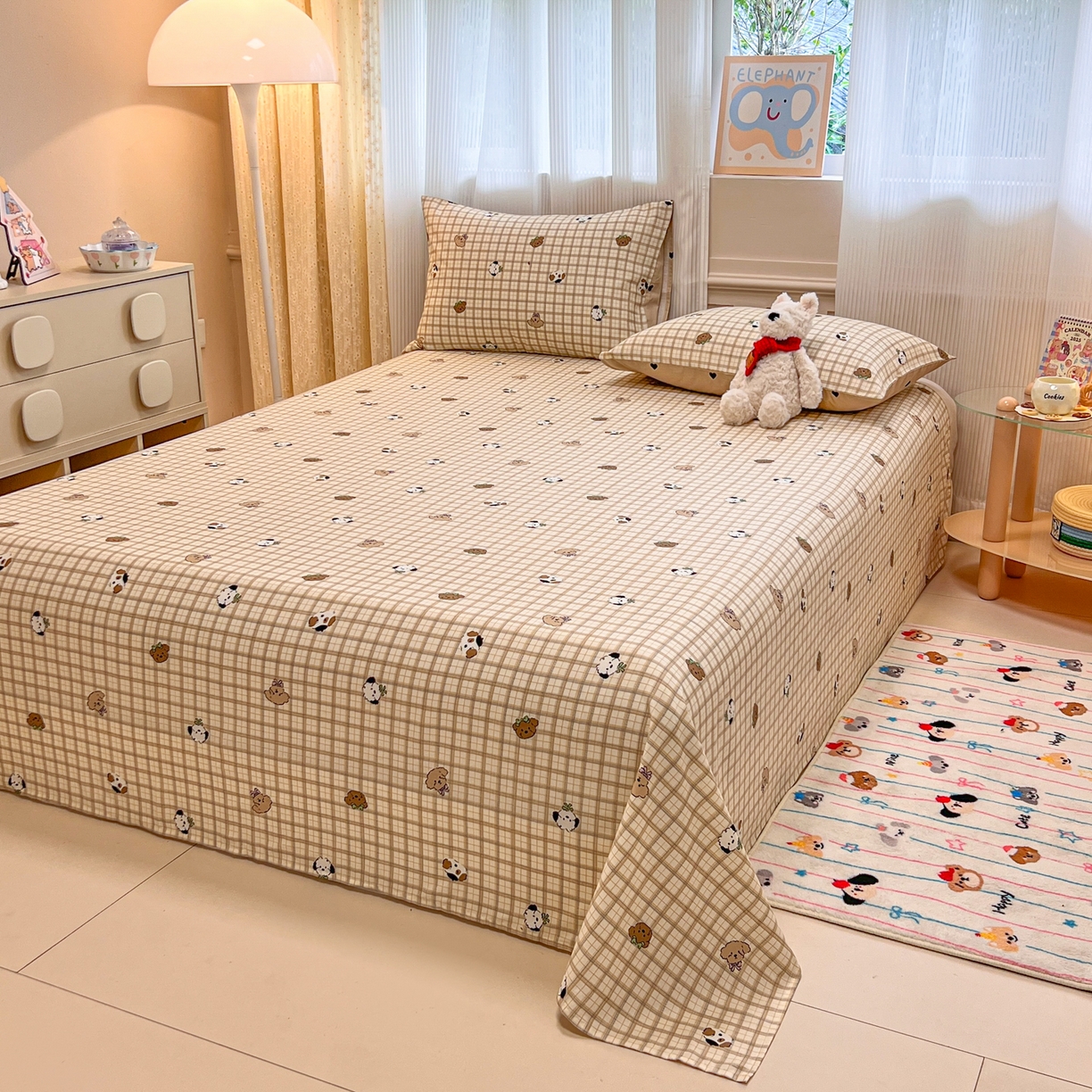 91家纺网 家纺一手货源 找家纺 呗旺鹿 2025新款40s全棉纯棉卡通印花学生系列单品床单 床单单件 焦糖小狗