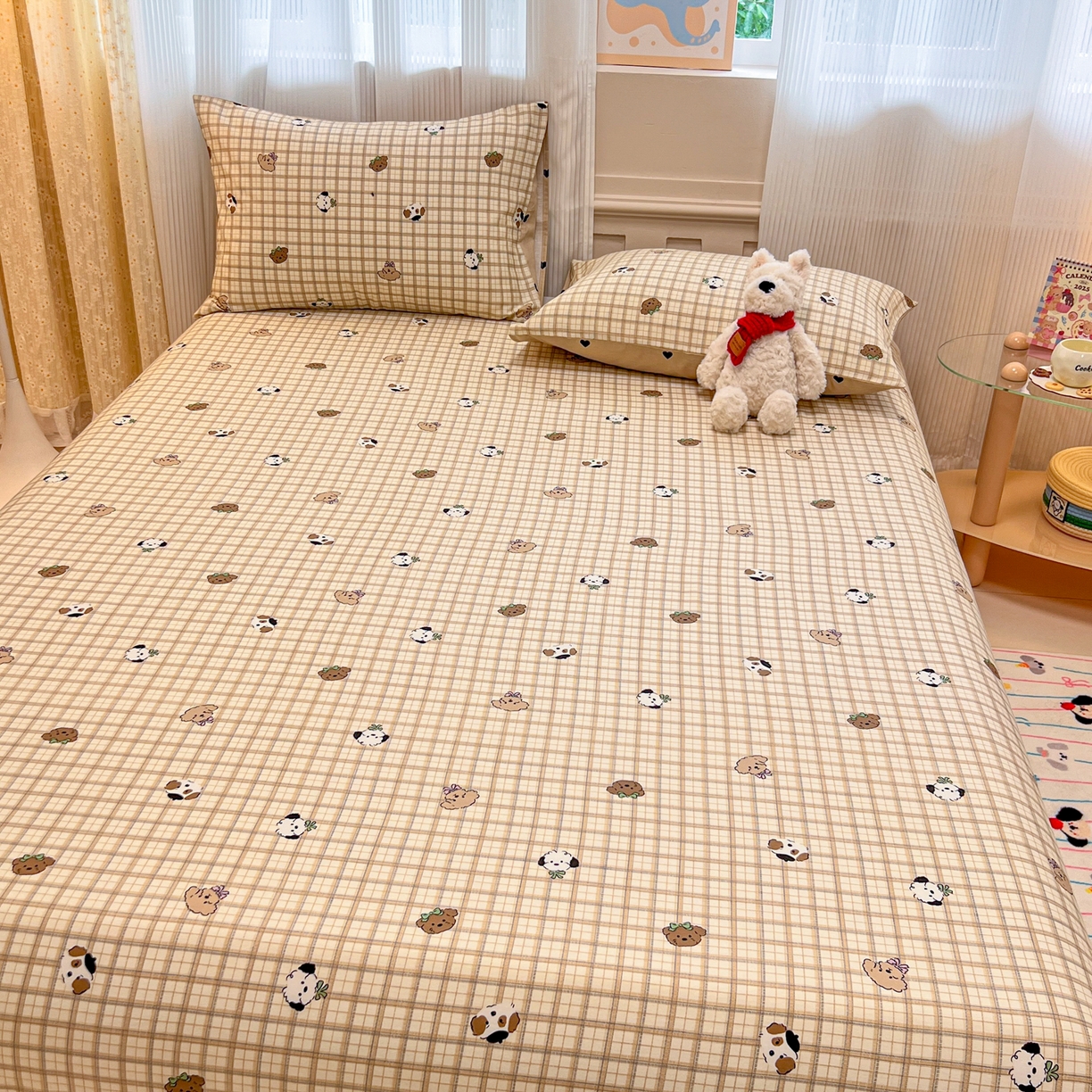 91家纺网 家纺一手货源 找家纺 呗旺鹿 2025新款40s全棉纯棉卡通印花学生系列单品床单 床单单件 焦糖小狗