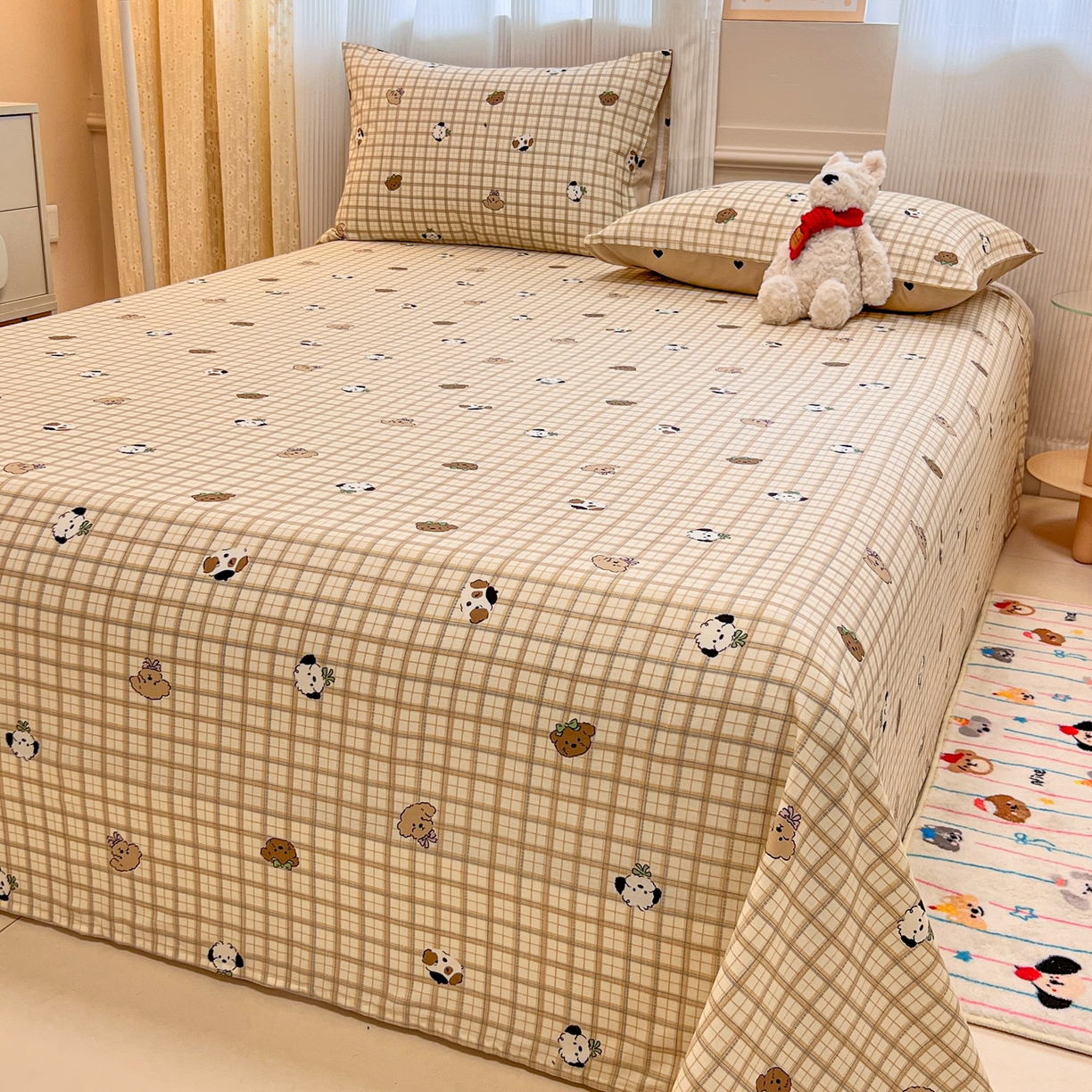 91家纺网 家纺一手货源 找家纺 呗旺鹿 2025新款40s全棉纯棉卡通印花学生系列单品床单 床单单件 焦糖小狗