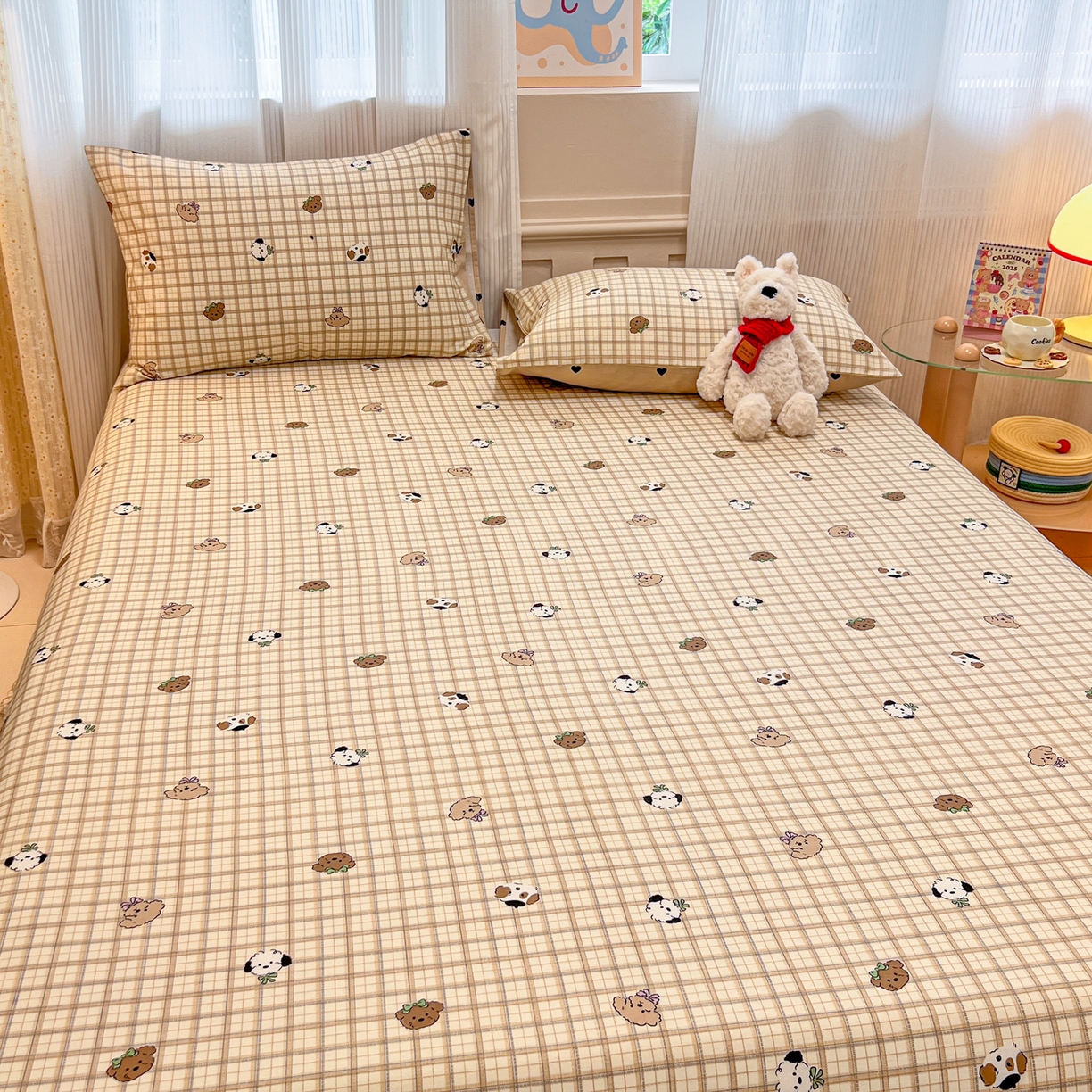 91家纺网 家纺一手货源 找家纺 呗旺鹿 2025新款40s全棉纯棉卡通印花学生系列单品床单 床单单件 焦糖小狗