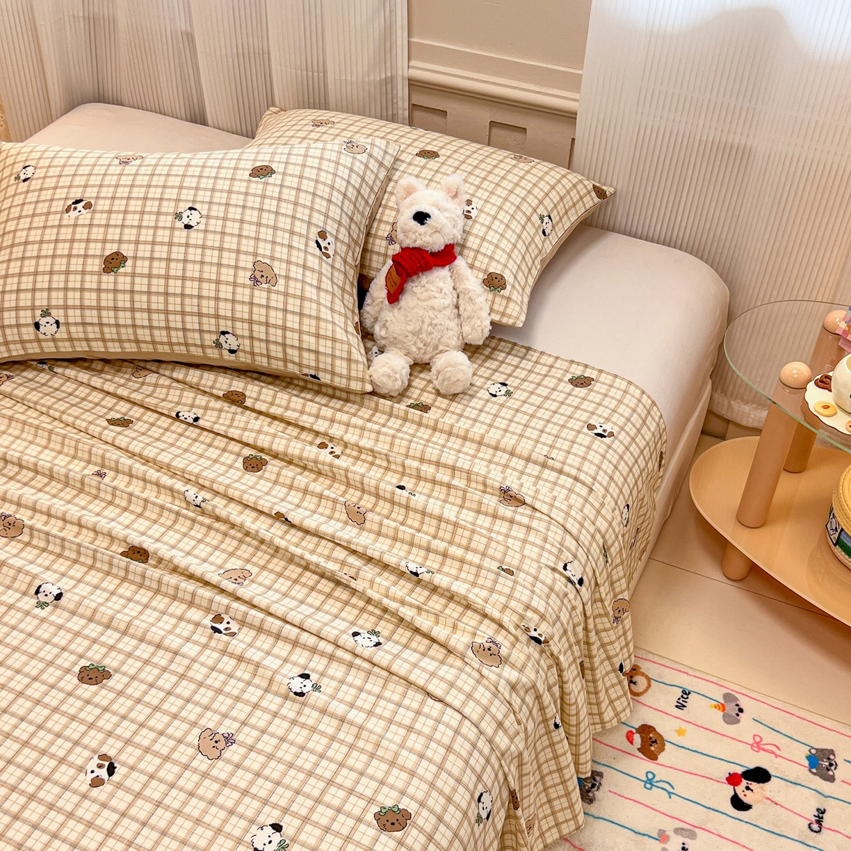 91家纺网 家纺一手货源 找家纺 呗旺鹿 2025新款40s全棉纯棉卡通印花学生系列单品床单 床单单件 焦糖小狗