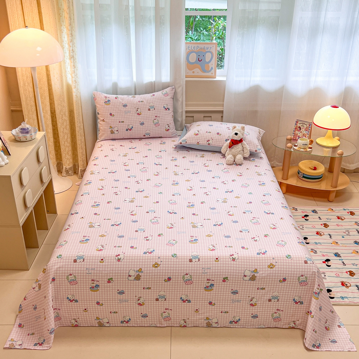 91家纺网 家纺一手货源 找家纺 呗旺鹿 2025新款40s全棉纯棉卡通印花学生系列单品床单 床单单件 忙绿的凯蒂