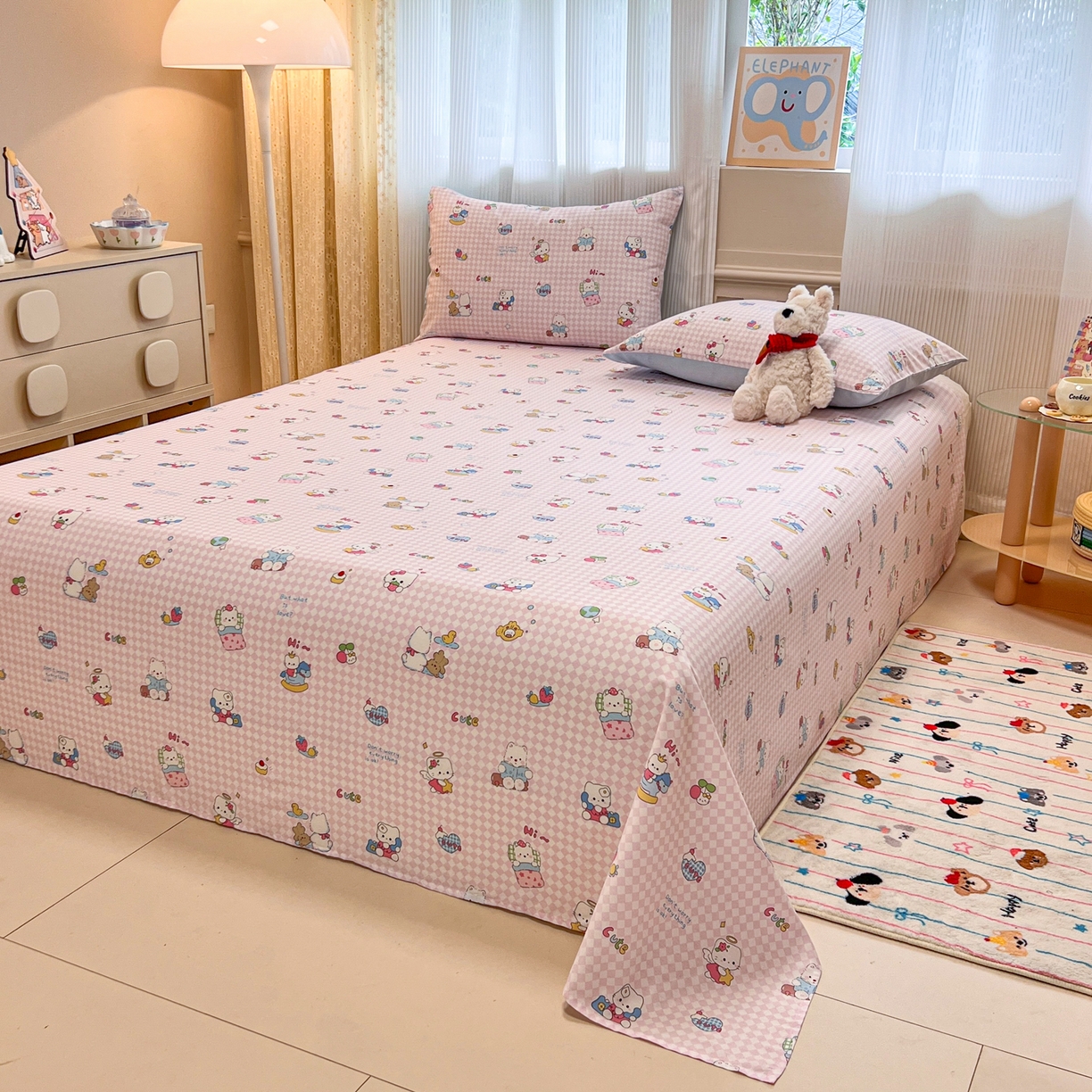 91家纺网 家纺一手货源 找家纺 呗旺鹿 2025新款40s全棉纯棉卡通印花学生系列单品床单 床单单件 忙绿的凯蒂