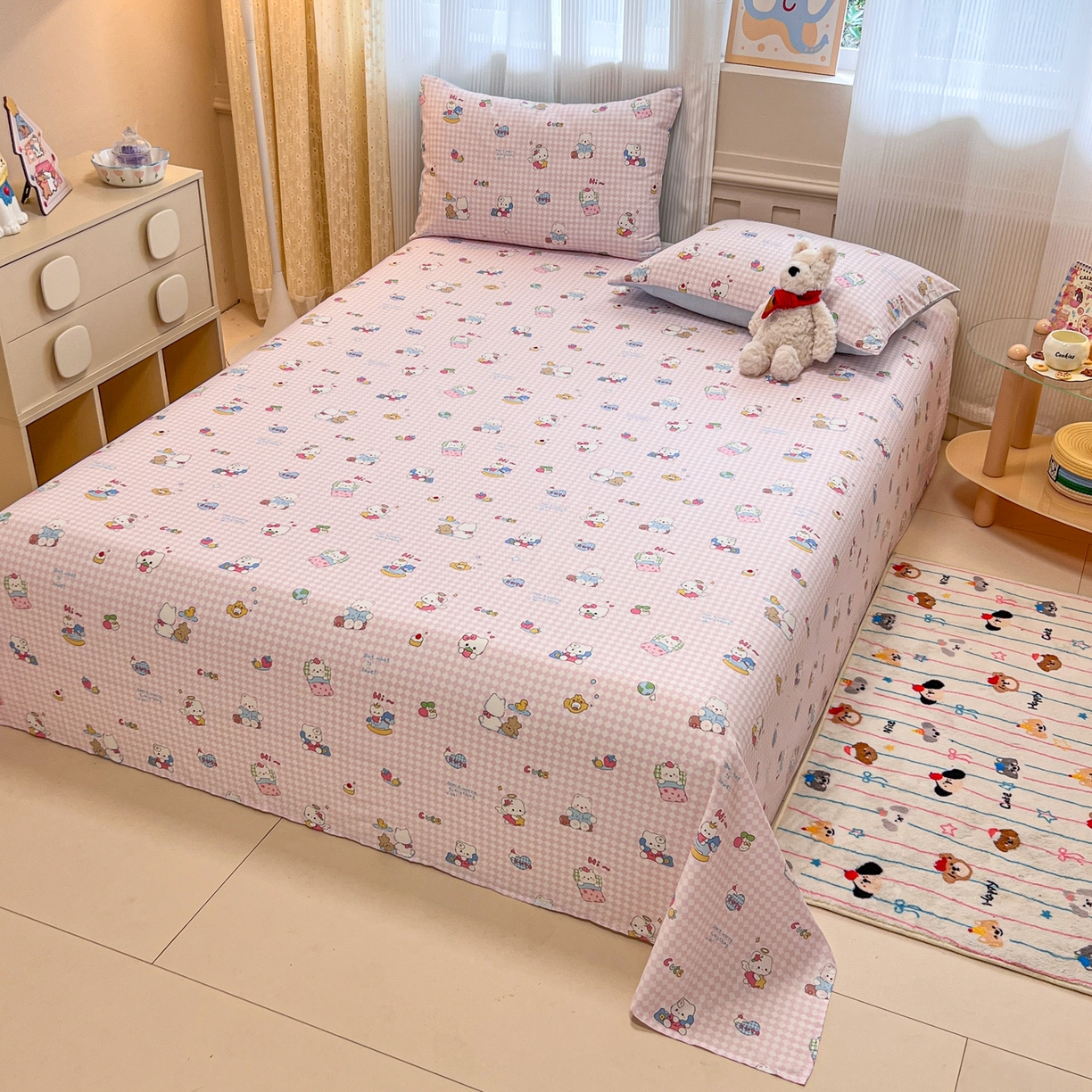 91家纺网 家纺一手货源 找家纺 呗旺鹿 2025新款40s全棉纯棉卡通印花学生系列单品床单 床单单件 忙绿的凯蒂