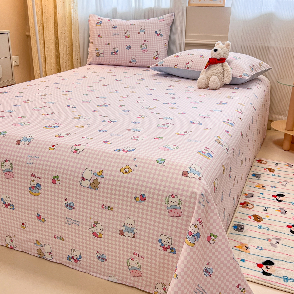 91家纺网 家纺一手货源 找家纺 呗旺鹿 2025新款40s全棉纯棉卡通印花学生系列单品床单 床单单件 忙绿的凯蒂