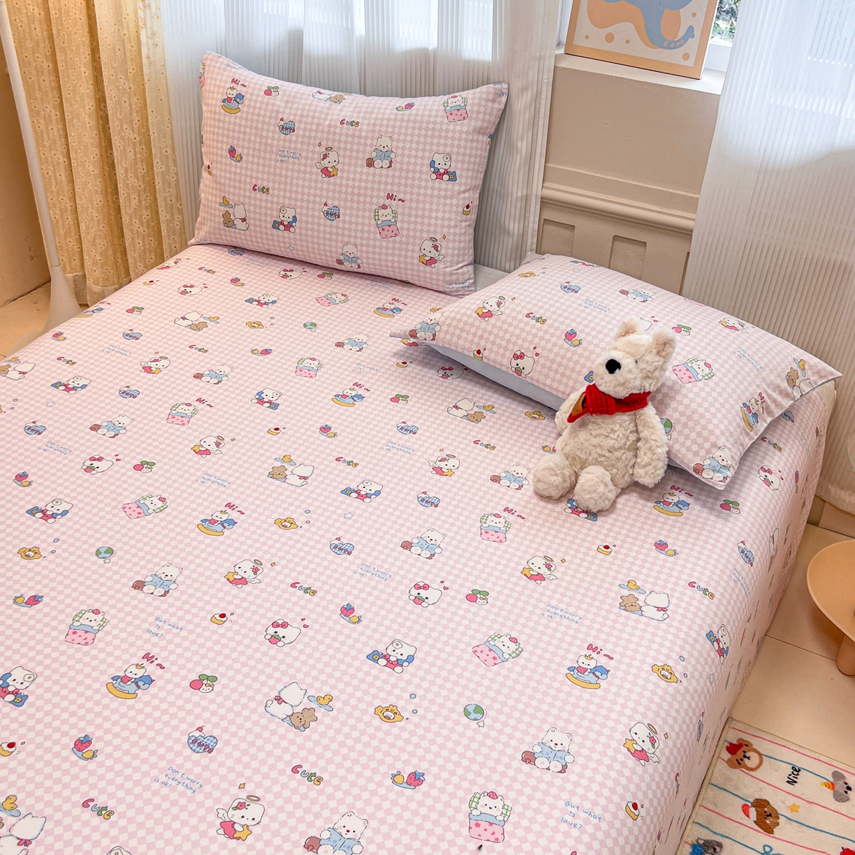 91家纺网 家纺一手货源 找家纺 呗旺鹿 2025新款40s全棉纯棉卡通印花学生系列单品床单 床单单件 忙绿的凯蒂