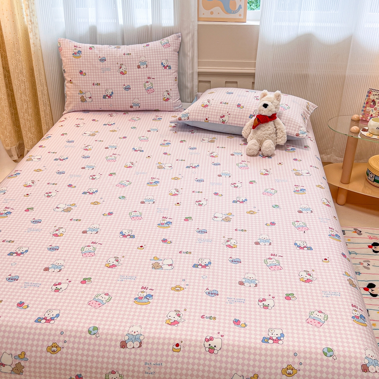 91家纺网 家纺一手货源 找家纺 呗旺鹿 2025新款40s全棉纯棉卡通印花学生系列单品床单 床单单件 忙绿的凯蒂