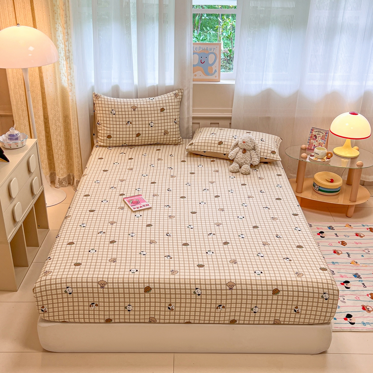 91家纺网 家纺一手货源 找家纺 呗旺鹿 2025新款40s全棉纯棉卡通印花学生系列单品床笠 床笠单件 焦糖小狗