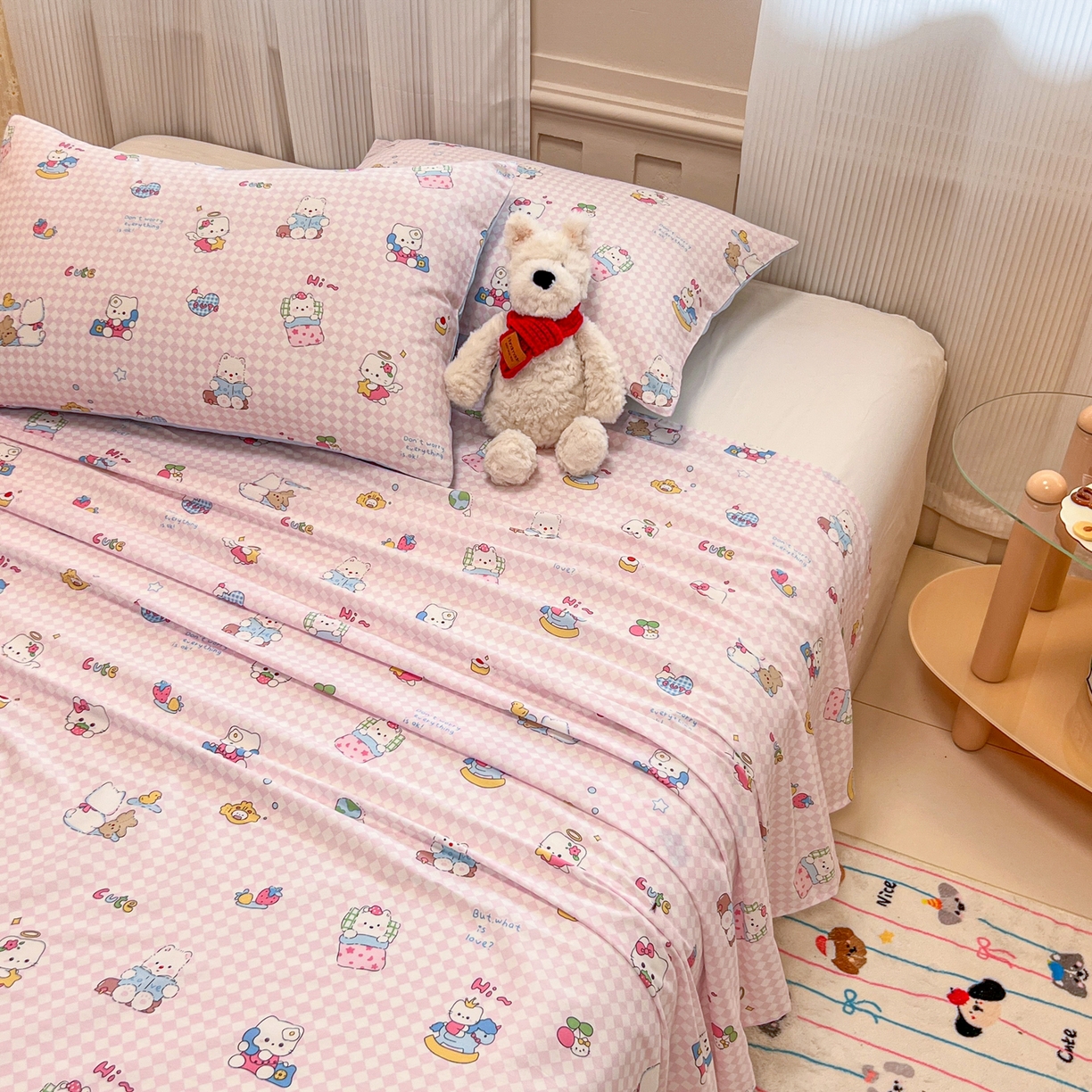 91家纺网 家纺一手货源 找家纺 呗旺鹿 2025新款40s全棉纯棉卡通印花学生系列单品床单 床单单件 忙绿的凯蒂