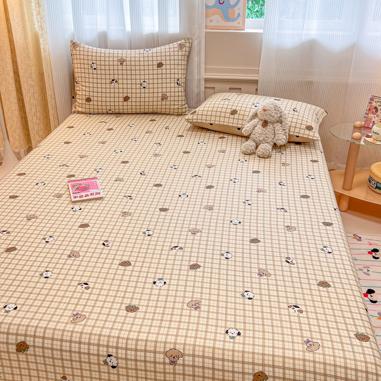 91家纺网 家纺一手货源 找家纺 呗旺鹿 2025新款40s全棉纯棉卡通印花学生系列单品床笠 床笠单件 焦糖小狗