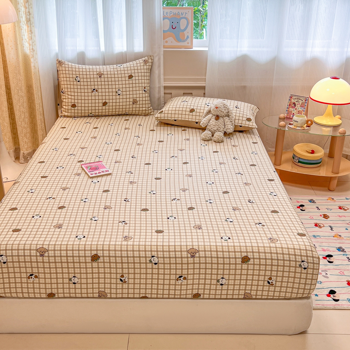 91家纺网 家纺一手货源 找家纺 呗旺鹿 2025新款40s全棉纯棉卡通印花学生系列单品床笠 床笠单件 焦糖小狗