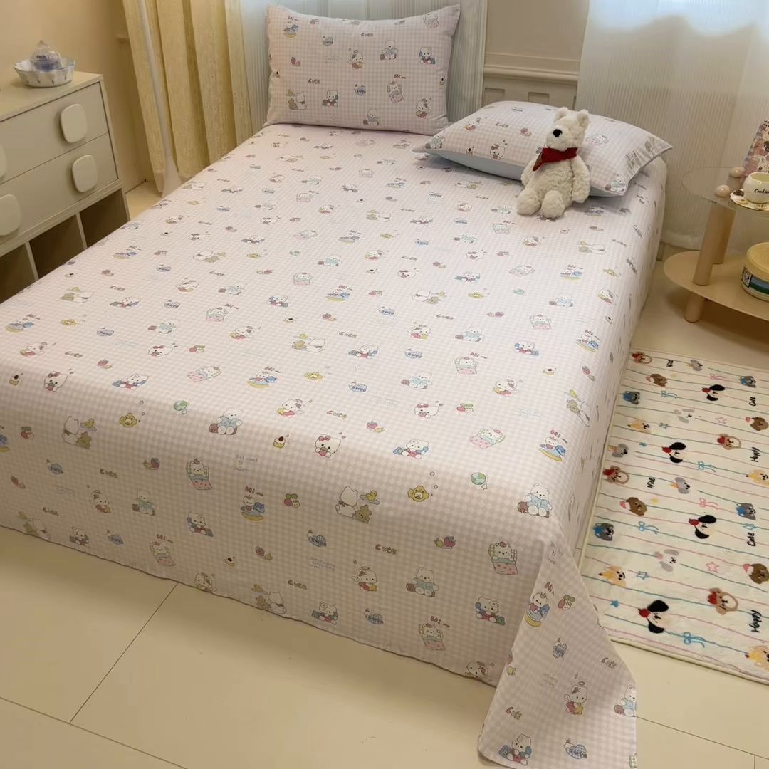 91家纺网 家纺一手货源 找家纺 呗旺鹿 2025新款40s全棉纯棉卡通印花学生系列单品床单 床单单件 忙绿的凯蒂