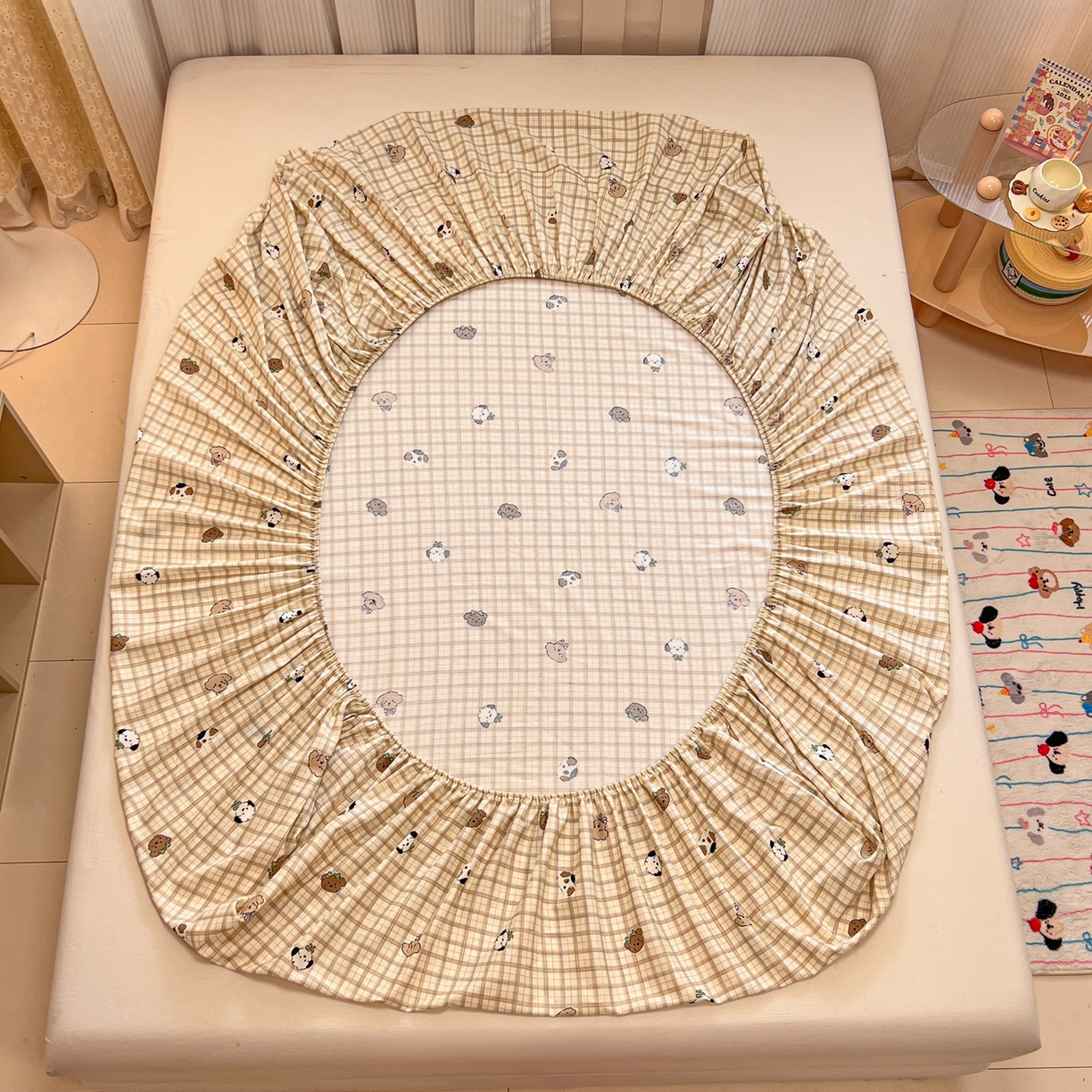 91家纺网 家纺一手货源 找家纺 呗旺鹿 2025新款40s全棉纯棉卡通印花学生系列单品床笠 床笠单件 焦糖小狗