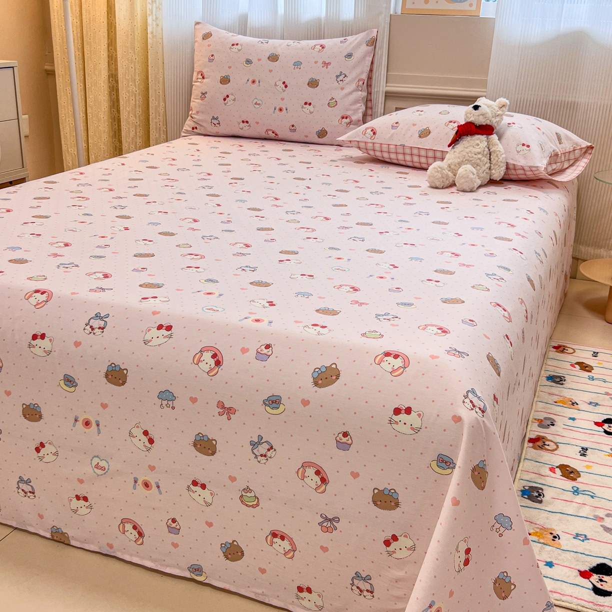 91家纺网 家纺一手货源 找家纺 呗旺鹿 2025新款40s全棉纯棉卡通印花学生系列单品床单 床单单件 甜品菲菲