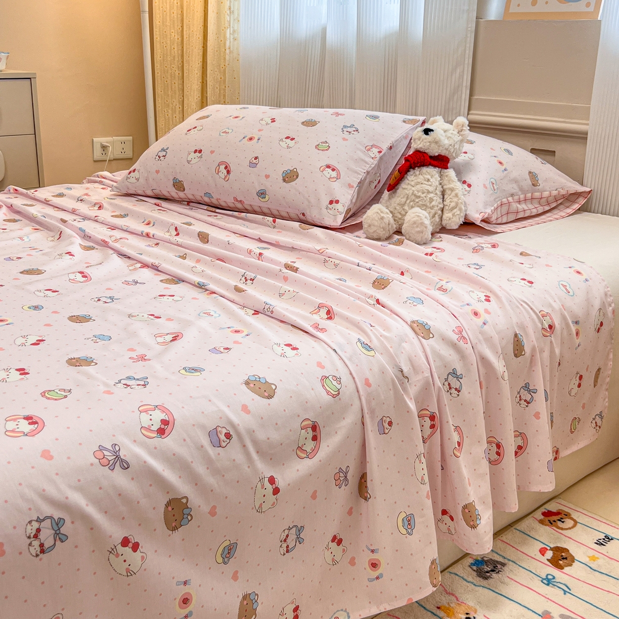 91家纺网 家纺一手货源 找家纺 呗旺鹿 2025新款40s全棉纯棉卡通印花学生系列单品床单 床单单件 甜品菲菲